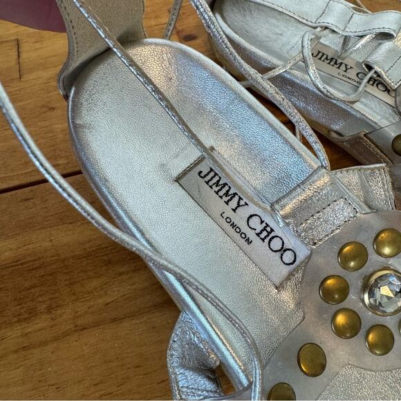 Jimmy Choo Silver Leather Jeweled Gladiator Wrap Around Flat Sandals Size 37 - Picture 3 of 4